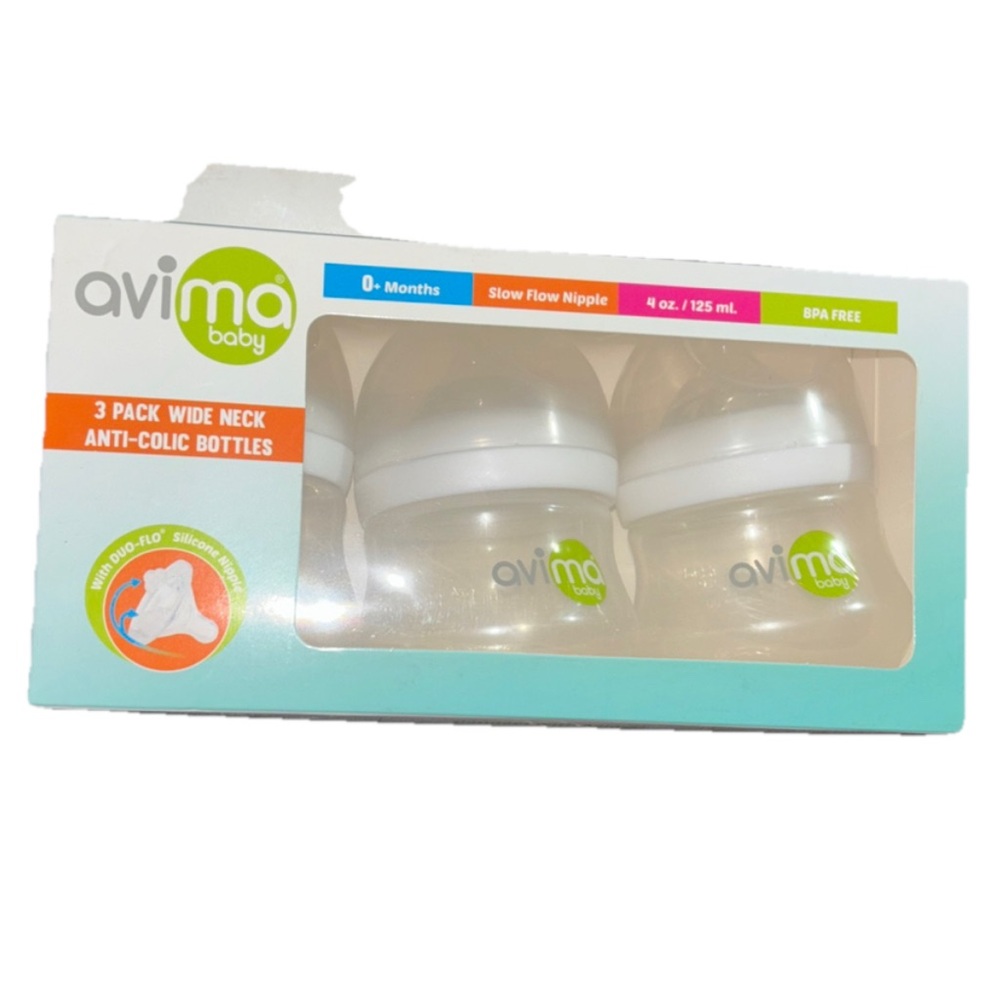 Avima Baby 3pc Baby Bottle Set 4 oz Anti Colic wide neck Slow flow BPA free 0+Mo